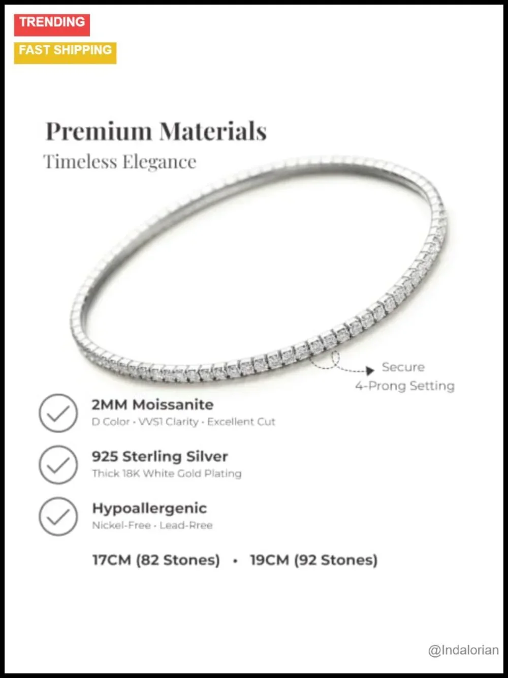 2mm Moissanite Tennis Bracelet Stretch Sterling Silver 18K White Gold Plated
